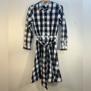 J Crew Factory Sz 0 XS Navy Blue Gingham Shirt Dress 3/4 Sleeve Full Skirt Tie